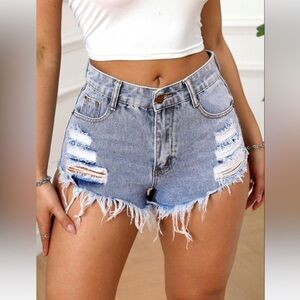 SHEIN - VCAY Women's Frayed Hem Distressed Denim Shorts Size Large